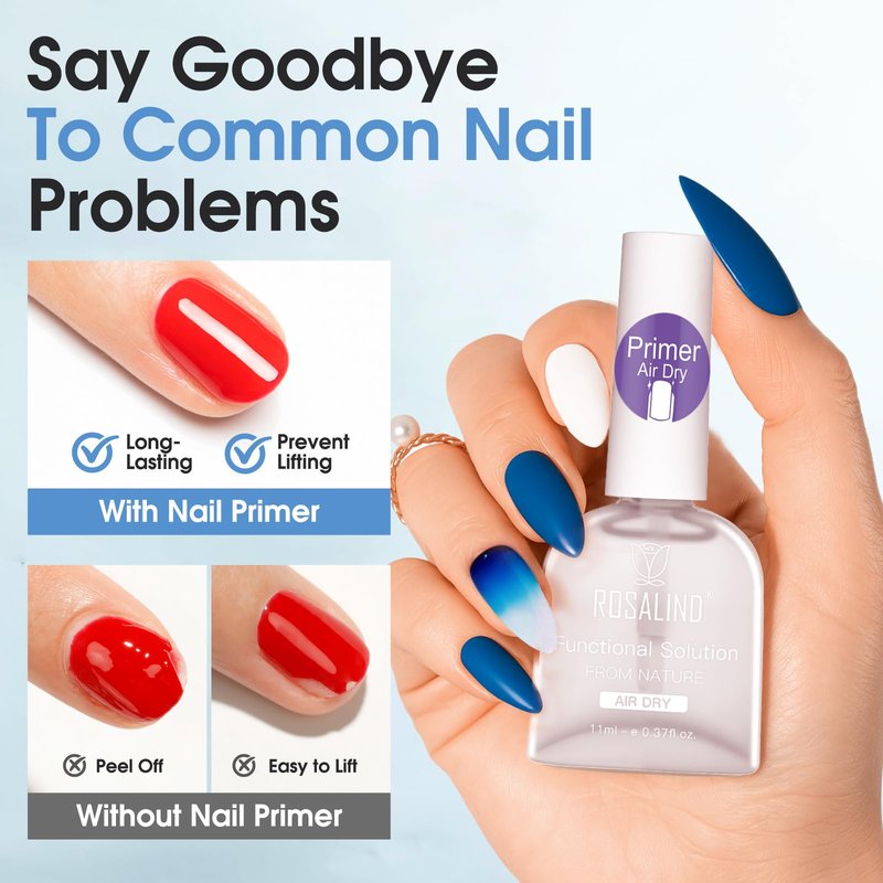ROSALIND Nail Primer,11 ml Air Dry Acid Free No Lift Bond Primer, Hema-Free Bonder for Gel Polish Nail Supplies Set