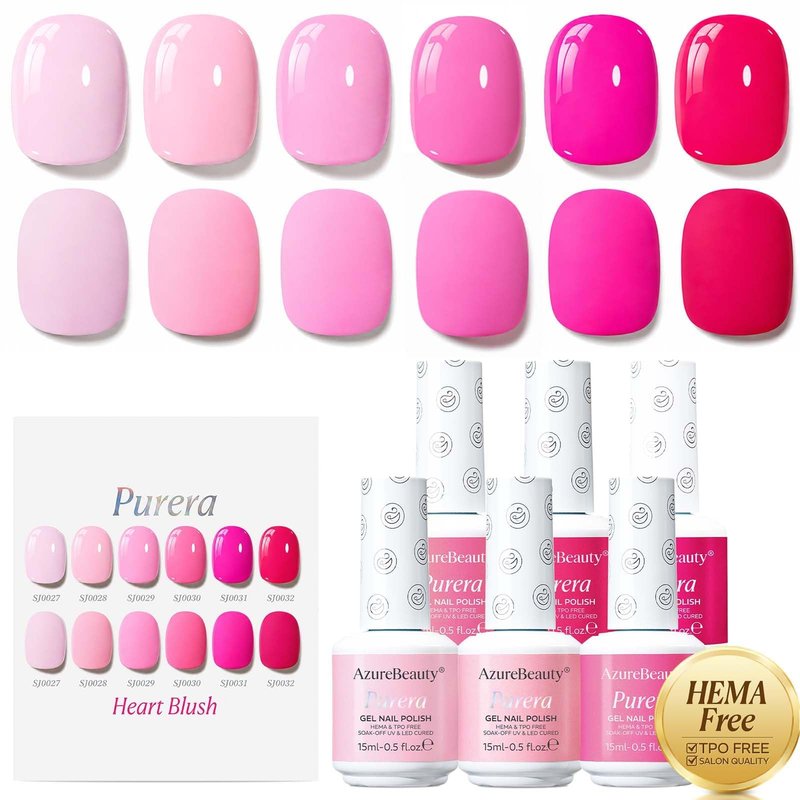 AZUREBEAUTY 6 Colors 15ml HEMA Free Pink Purera Gel Nail Polish Set, Same Color Bottles, Soak Off UV LED Gel Polish Kit Nail Art for DIY at Home Manicure Salon Gift, Neon Light Bright Baby Pink