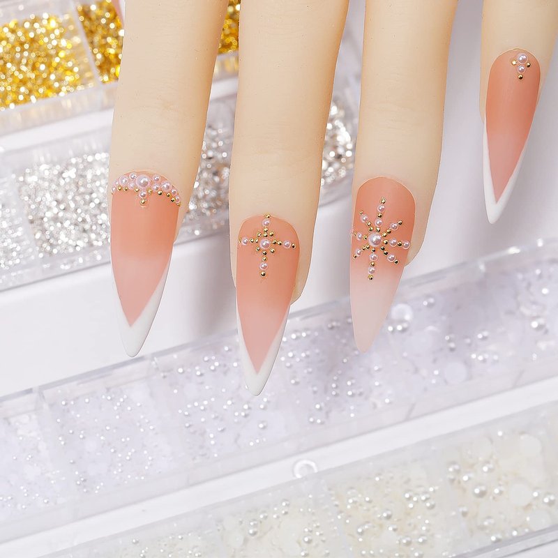 HNUIX Nail Art Charms - Metal Silver & Gold Beads, Flat Back Round Rhinestones, Small Nail Pearls, 3D Mixed Sizes Decorations for Nails