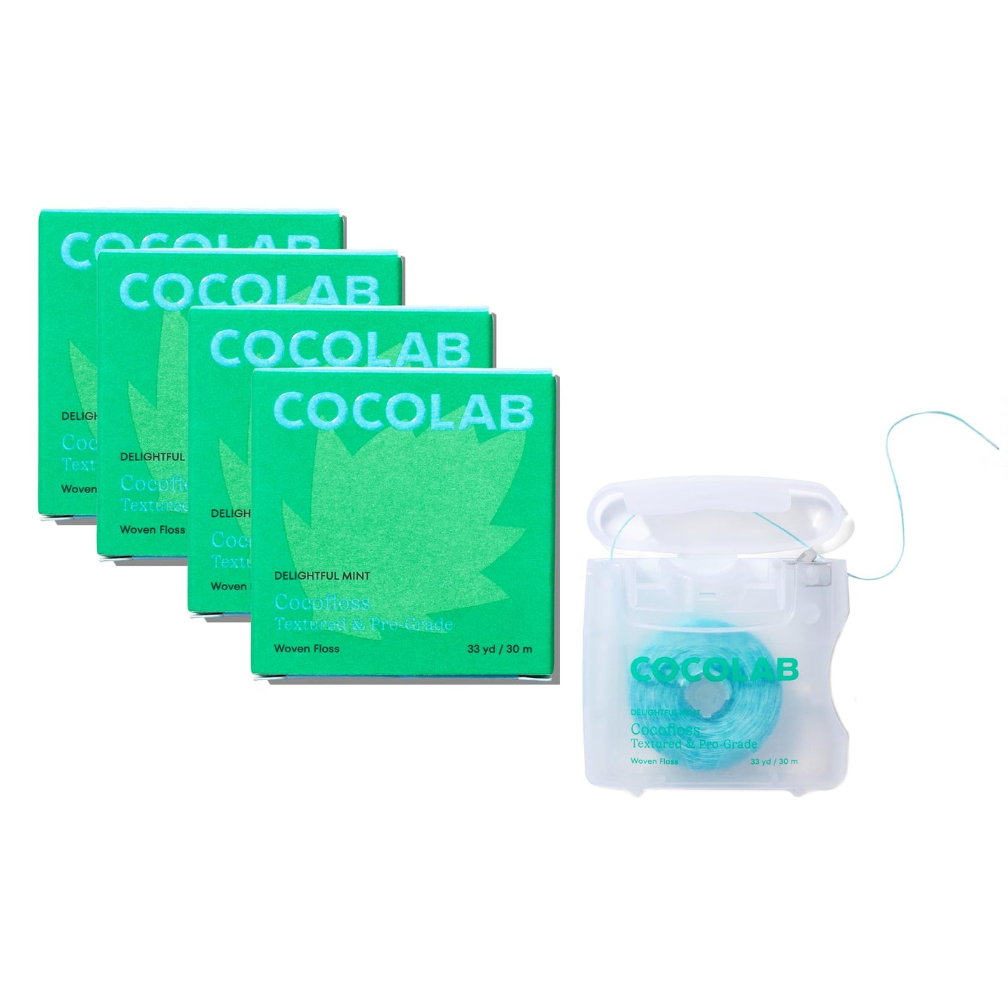 Cocofloss Expanding Woven Dental Floss by Cocolab, Waxed Tooth Floss for Daily Oral Care, Coconut Oil Infused, Vegan, for Adults and Kids, Mint Scent, 4 Pack