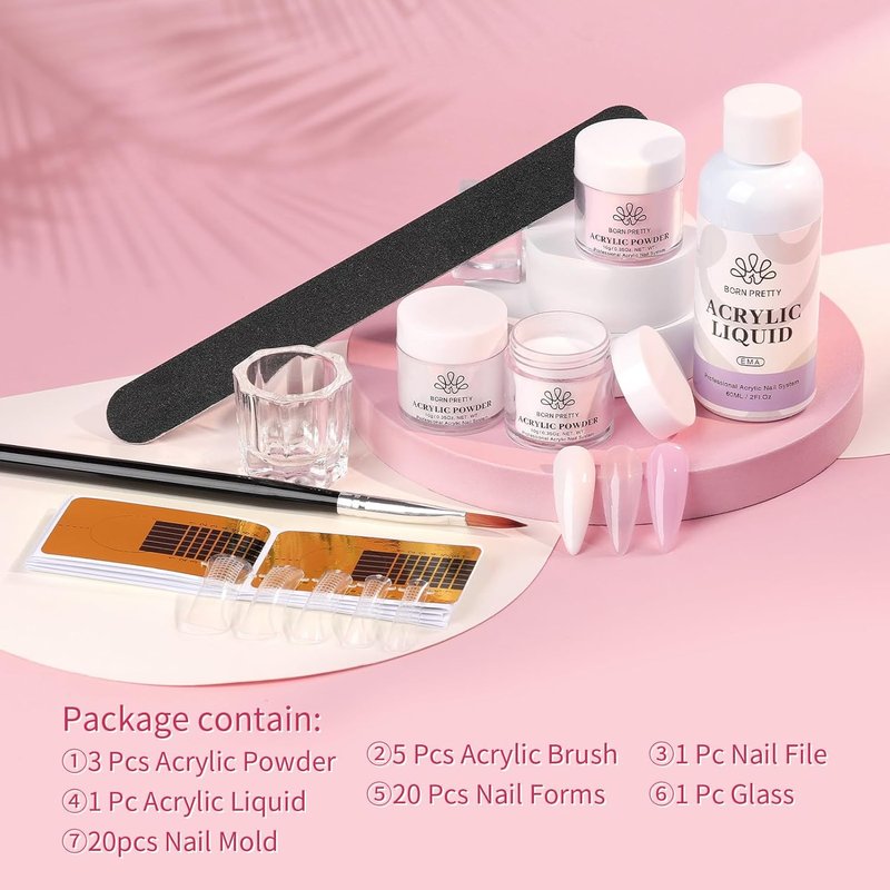 BORN PRETTY Acrylic Nail Kit - Clear, White & Pink Powder with Liquid, Forms, Brush & File | Beginner Friendly