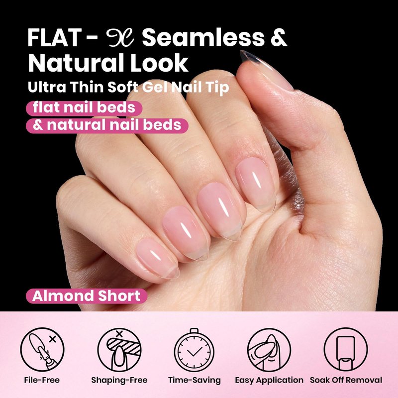 Beetles Gel Nail Tips Flat-X - Almond Short, 160pcs 16 Sizes, Pre-Etched Half Matte Full Cover Soft Acrylic False Nail Tips Clear Press on Easy DIY Extension Salon for Flat & Natural Nail Beds