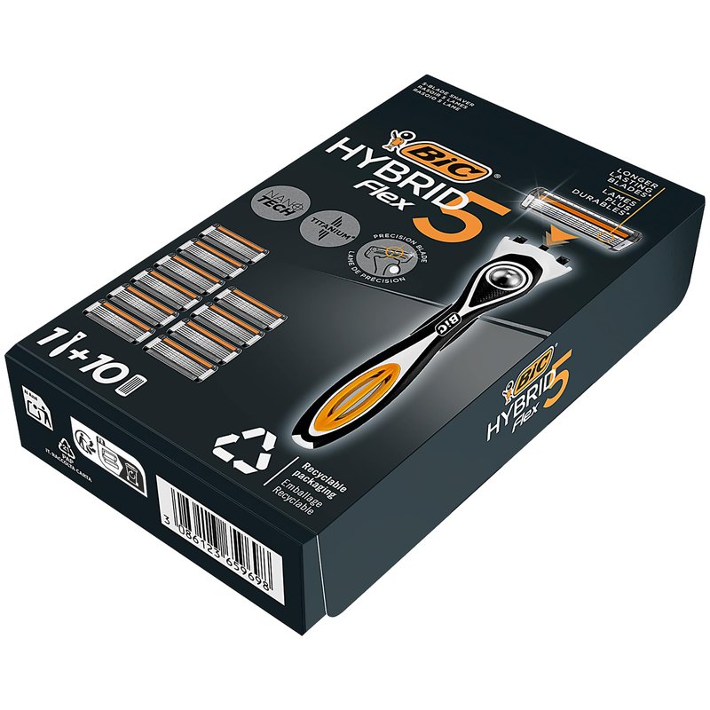 BIC Hybrid 5 Flex Refillable Men's Razor, 1 Weighted Handle and 10 Nano-Tech Titanium 5-Blade Refills with Precision Blade - Bundle of 1+10