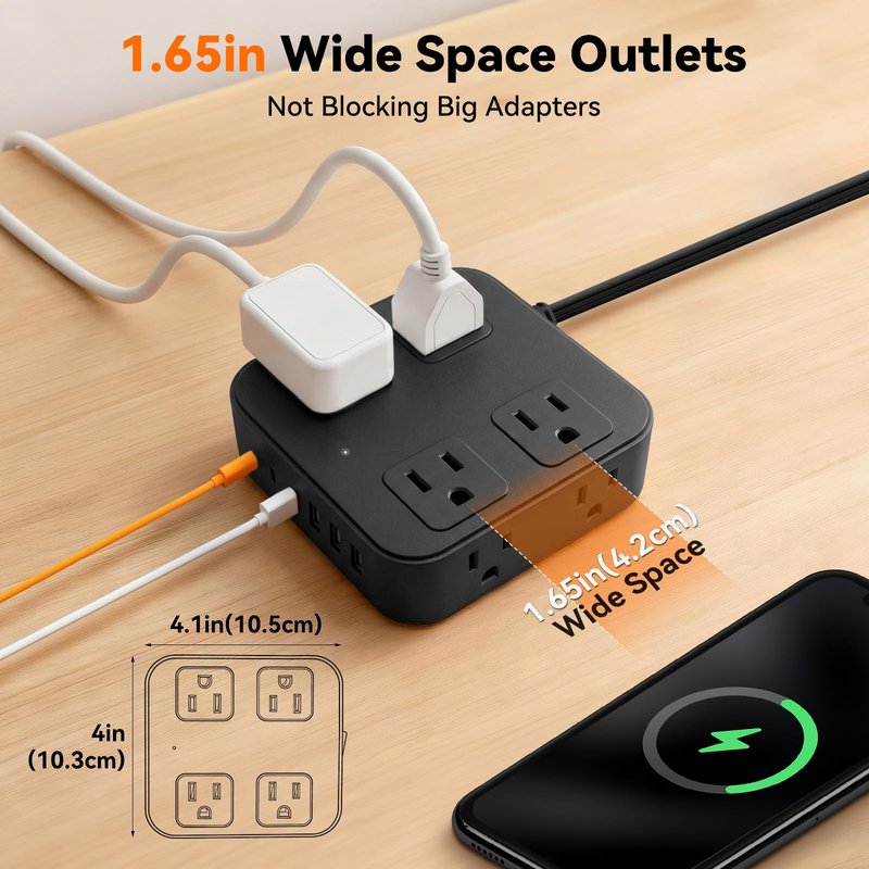 HLCZLUZ 10Ft Extension Cord w/ 8 Outlets & 6 USB (2 USB C), 1250W 900J Protection Power Strip w/Power Switch, Surge Protector Power Strip Flat Extension Cord Outlet Extender for Home Office