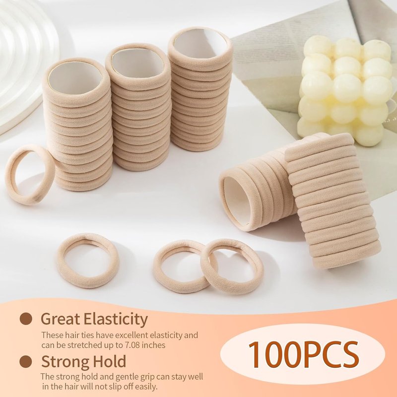 Bessrung Seamless Nylon Hair Ties - 100 PCS No Damage Elastic Ponytail Holders for All Hair Types | Beige