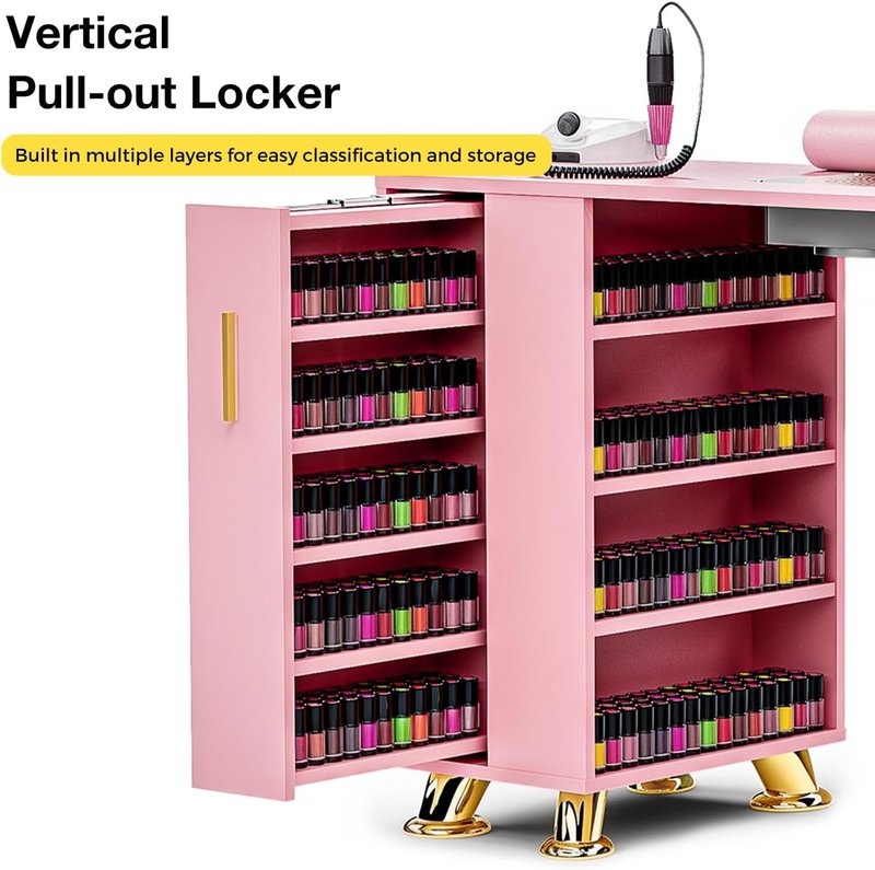 Manicure Table with Dust Collector, Modern Nail Station Nail Desk for Nail Tech with Wrist Rest, Storage Drawer & Cabinet, Beauty Salon Workstation, Pink