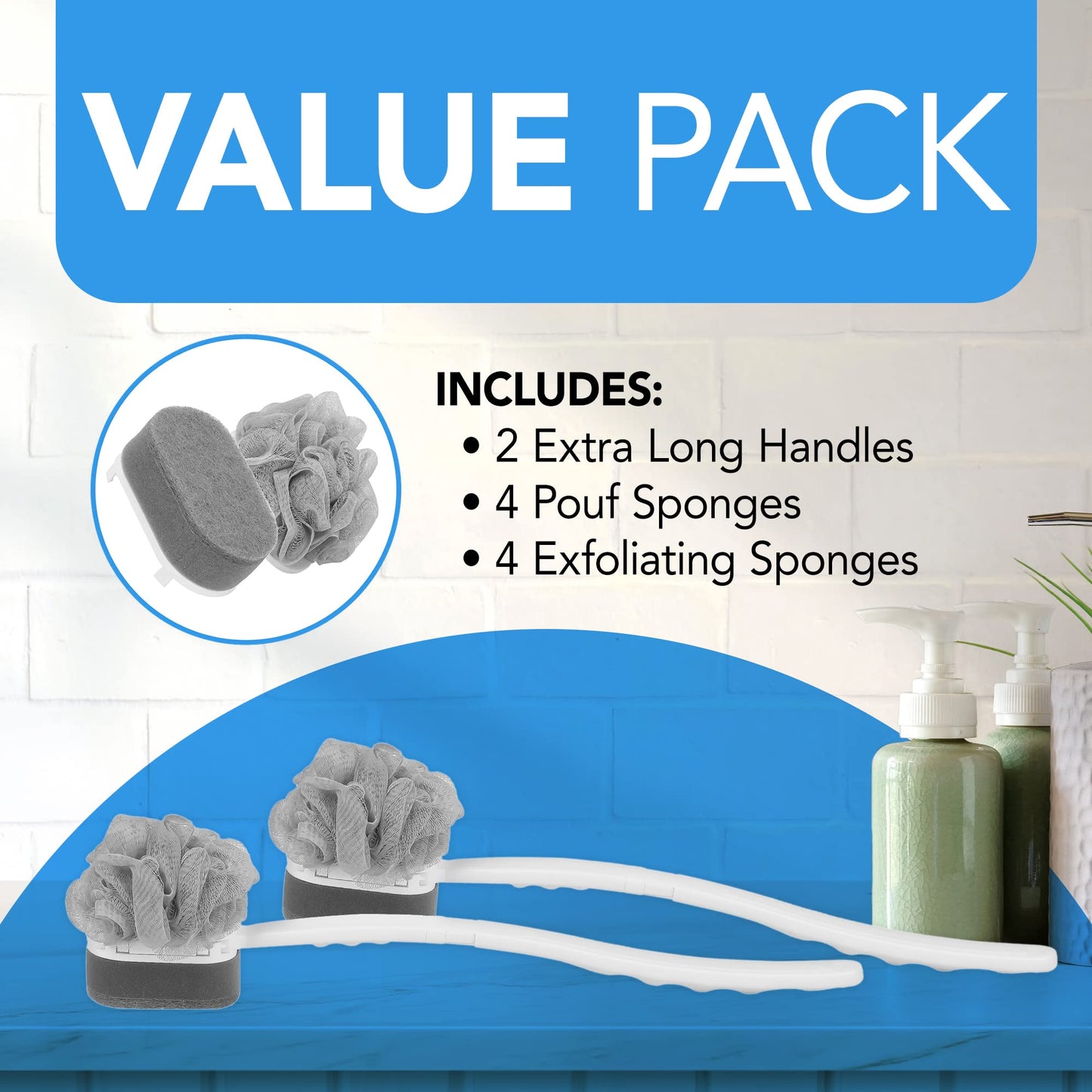 Impresa Extra Long Handle Shower Brush - Dual-Action Loofah & Exfoliating Sponge Body Scrubber - Ergonomic Grip Back Scrub Brush - Replacement Loofah & Sponge Heads - Pack of 2, White