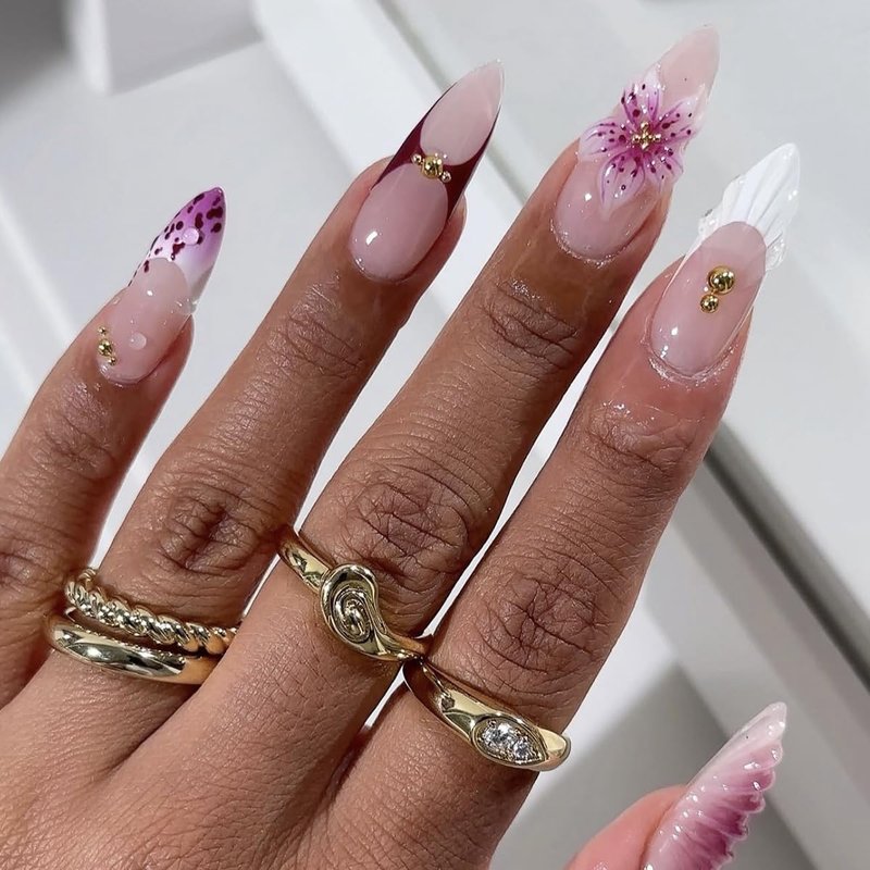 Almond Press-On Nails - Medium White French Tip with 3D Purple Flowers | Full Cover Acrylic Nail Art Kit - 24 Pcs