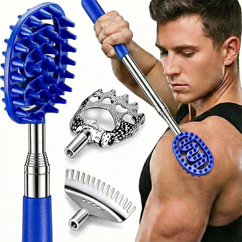 Plazuria Oversized Back Scratcher Massager with 3 Detachable Heads, Stocking Stuffers for Men & Women, Extendable 30" Handle with Spikes, Rake & Bear Claw Heads (Navy Blue)