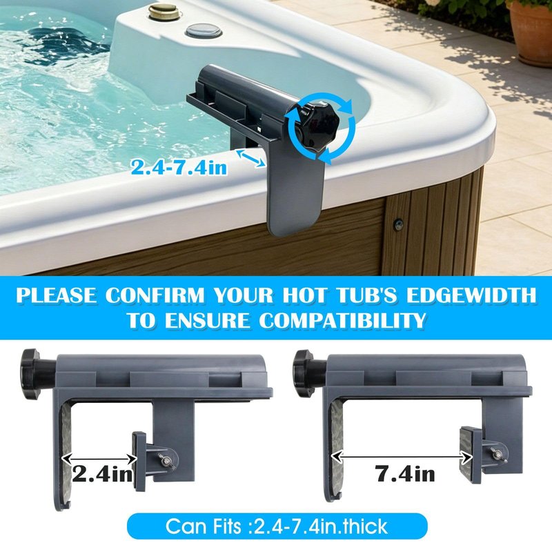 Hot Tub Table Tray with Adjustable Phone Holder, Nonslip Bathtub Table Tray, Between 2.4-7.4" Hot Tub Accessories for Adults with 2 Cup Holders, Clip-on Pool Side Table for Above Ground Bathtub (Gray)