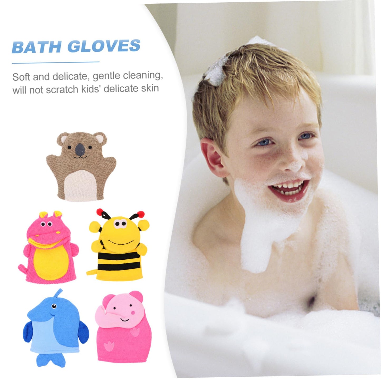 VINTORKY Kids Bath Gloves 5Pcs Cartoon Animal Shape Soft Exfoliating Mitts for Children Gentle Skin Cleaning Travel and Daily Bath Use