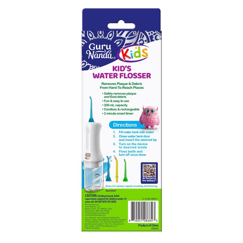 GuruNanda Kids Water Dental Flosser - 4 Flossing Modes, 4 Nozzles, 2-Min Smart Timer, Ages 6+, Monster Frens Theme, Portable Oral Care for Kids