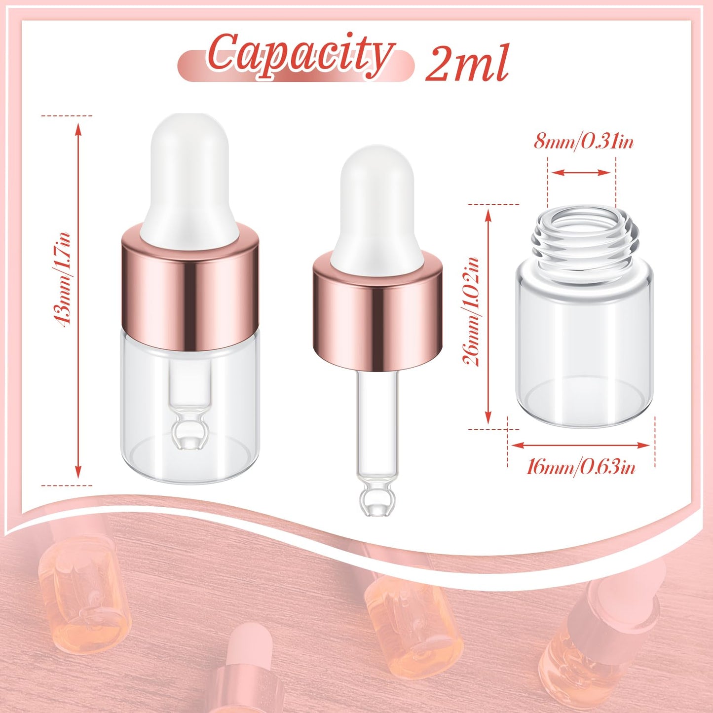 Didaey 100 Pcs 2 ml Mini Glass Oil Dropper Bottle Bulk, Clear Essential Small Empty Bottles Sample Containers Perfume Liquid Vials with Cap for Traveling(2 ml, Rose Gold)
