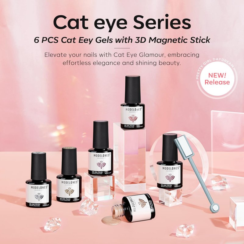 modelones Gel Nail Polish Set, 6 Colors Nude Pink Silver 9D Glassy Cat Eye Glitter Gel Polish Semi-transparent Neutral Brown Nail Polish Soapnails with Magnet Soak Off Led Nail Art DIY Gift