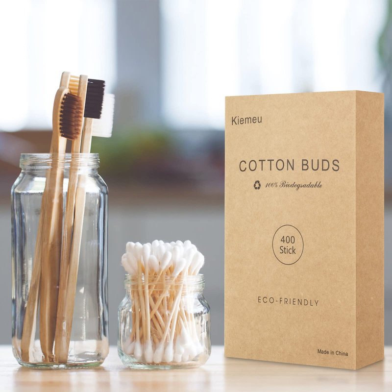 Kiemeu Bamboo Cotton Swabs With Wooden Sticks, 400 Count Bamboo Cotton Buds For Ears