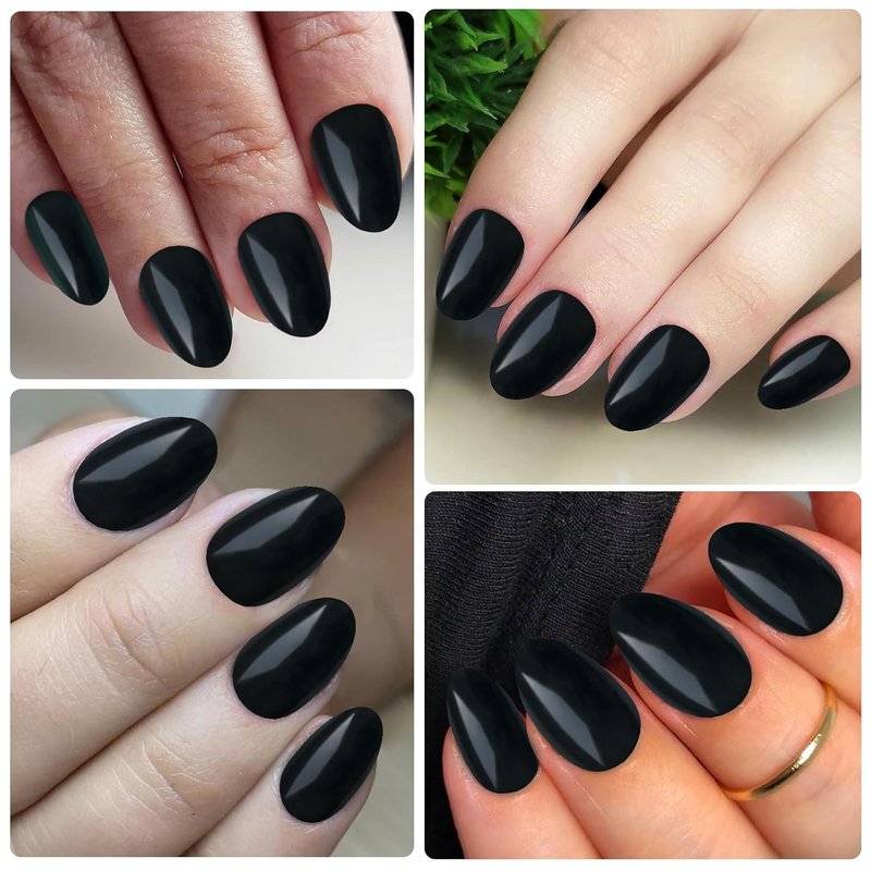 Almond Press On Nails - Short Black Full Cover Acrylic Tips | 240 Round Fake Nails with Adhesive for Women & Kids