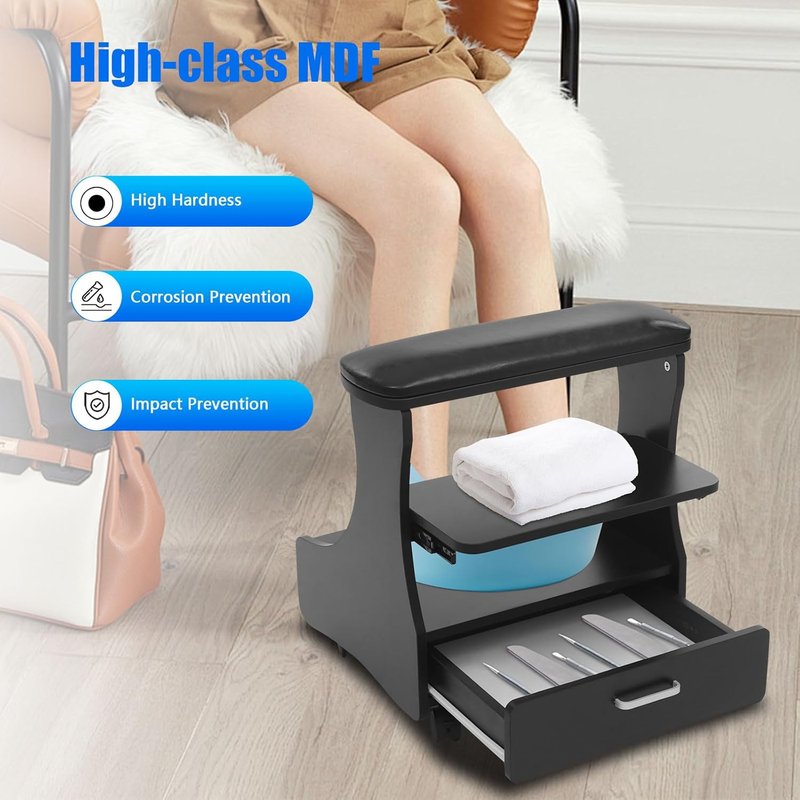 Portable Foot Rest Pedicure Trolley - 4 Wheels with Brakes, Practical Drawer | Black Spa Cart for Beauty Salons