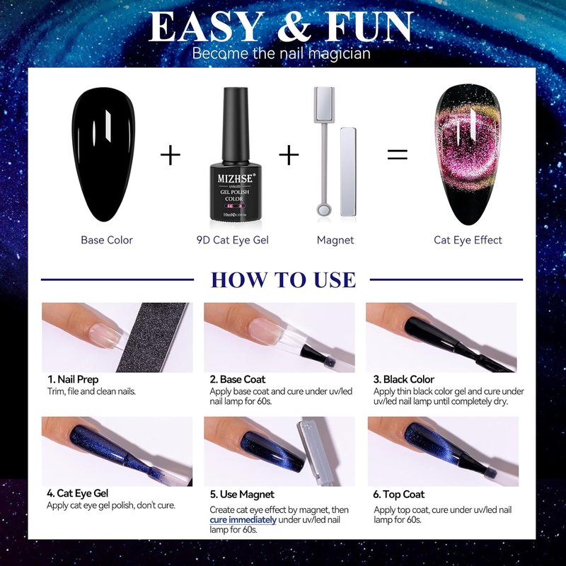 MIZHSE 9D Cat Eye Gel Nail Polish Set - Glitter Chameleon Magnetic Gel with Black & 2 Magnet Sticks