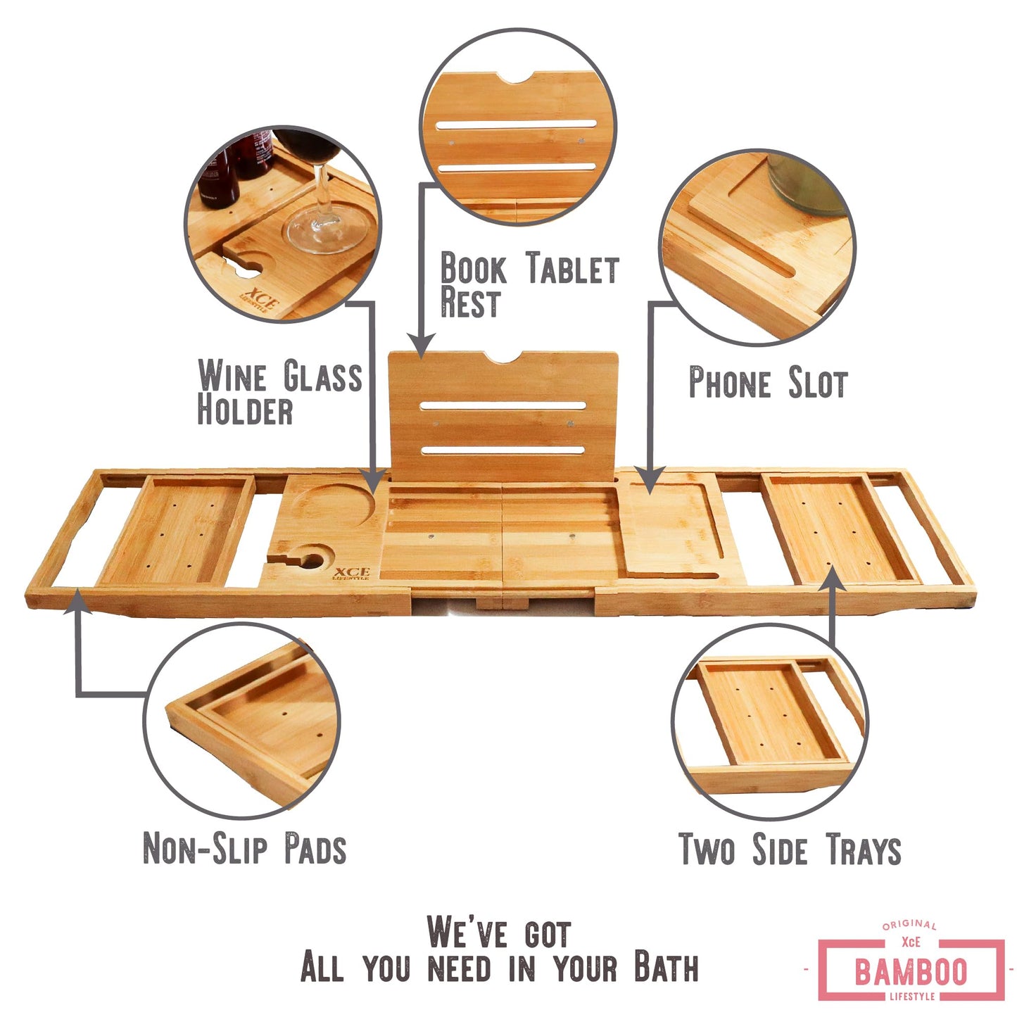 XcE Foldable Acacia Wood Bathtub Caddy Tray - Expandable to 40 Inches with Non-Slip Pads for Couples Luxury Bath