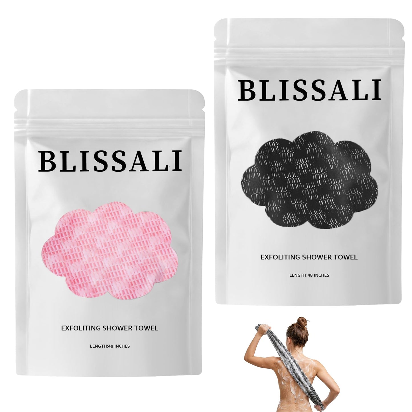 2Pcs Exfoliating Washcloth Towel, Long Dual-Sided Exfoliating Body Scrubber Exfoliator, Back Scrubber Deep Cleansing & Gentle Exfoliation, Quick-Drying Bath Towel for All Skin Types (Black & Pink)