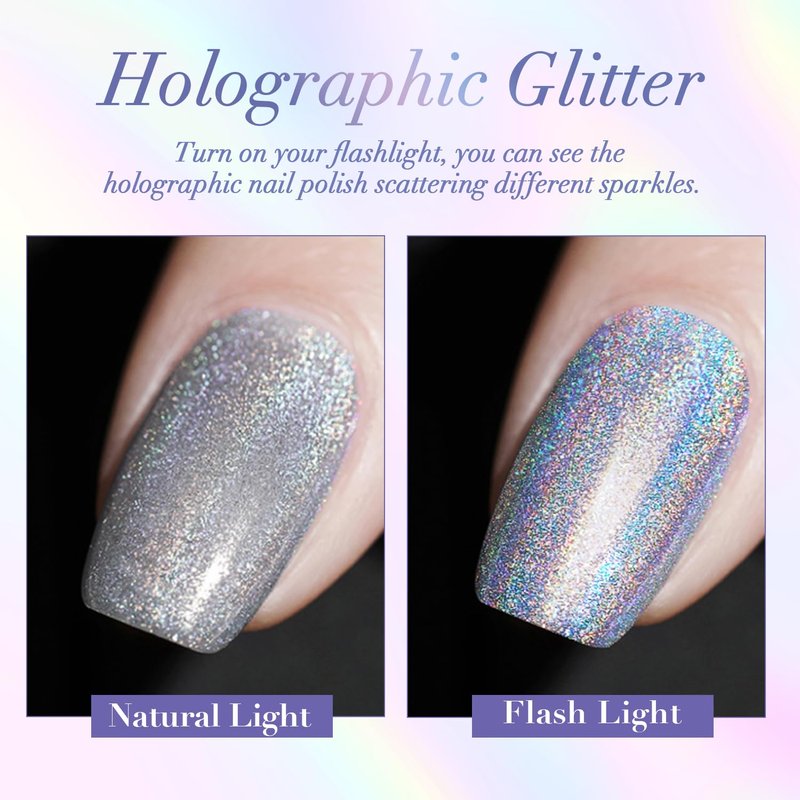 AZUREBEAUTY Holographic Nail Polish no Gel Fast Drying Silver Iridescent Natural Nail Lacquer High Shine DIY Salon Home Women Gifts 10ml