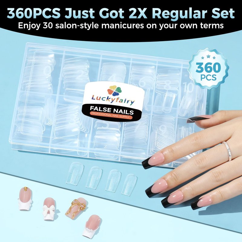 Luckyfairy Medium Square Nail Tips, 360pcs Soft Gel Pre-Shaped Acrylic Fake Nails, Half Matte Full Cover Clear Gelly Press on Flase Nail Tips for Extension Nail Manicure Home DIY 12 Sizes Gelly Tips