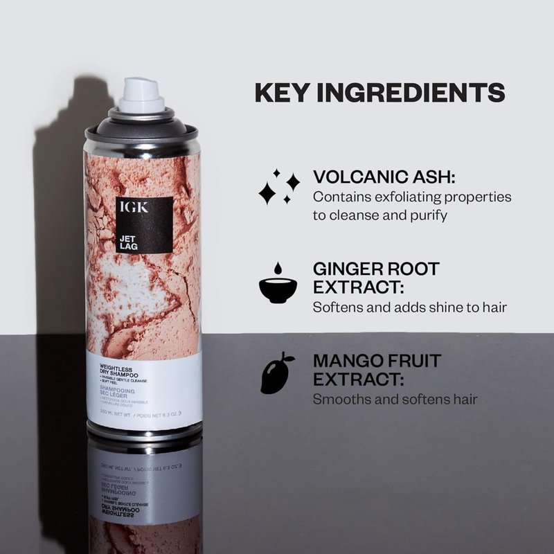 IGK JET LAG Invisible Dry Shampoo Spray | Refreshes Hair Between Washes + Absorbs Oil | Weightless, No White Residue, Soft Finish | Vegan + Cruelty Free | 6.3 Oz
