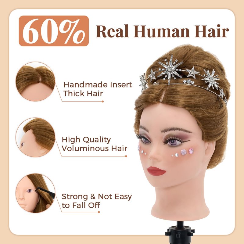 Mannequin Head with 80% Real Human hair- 28" Hair Mannequin Heads for Make up, Braiding Hairdressing Doll Head for Styling with Table Clamp + DIY Hair Styling Set
