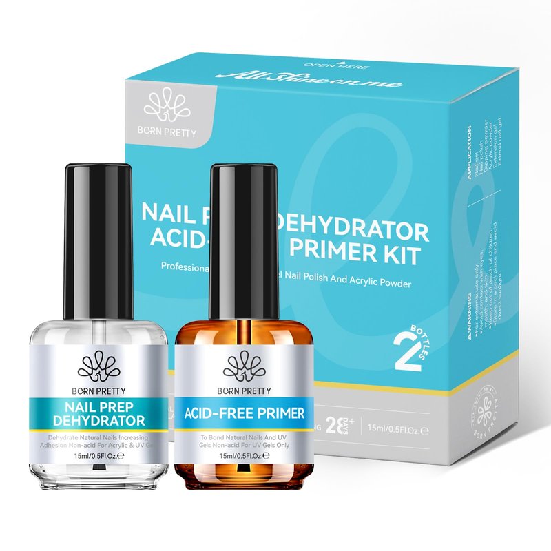 BORN PRETTY 15ml Nail Prep Dehydrate & Bond Nail-Primer Set,Natural Acid-Free Formula for Acrylic & Gel Polish,Superior Adhesion with Fast-Dry Gift Box Professional Salons Set