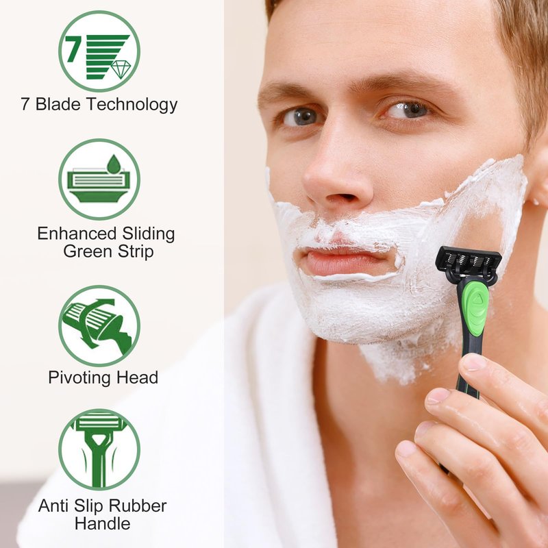Leriton 34 Pcs Shaving Kit for Men Disposable Men's Razors Set Refillable 7-blade Razors Travel Shave Set Designed for Sensitive Skin, 2 Handle and 32 Razor Blade Refills