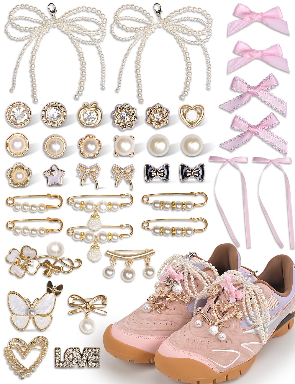yuboo 39pcs Shoe Charms for Sneakers- Junk Socks Charms Kit Contain Brooches/Pink Bows/Clips/Jewelry, Pearl Charm Accessories for Girls/Women/Mom Clothes Bag Hat