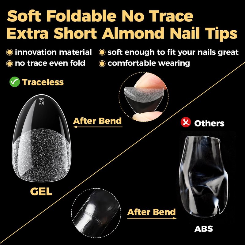 Extra Short Almond Gel Nail Tips - 216 Pcs Full Cover Press-On Nails | Half Matte Clear for DIY Salon at Home, 12 Sizes
