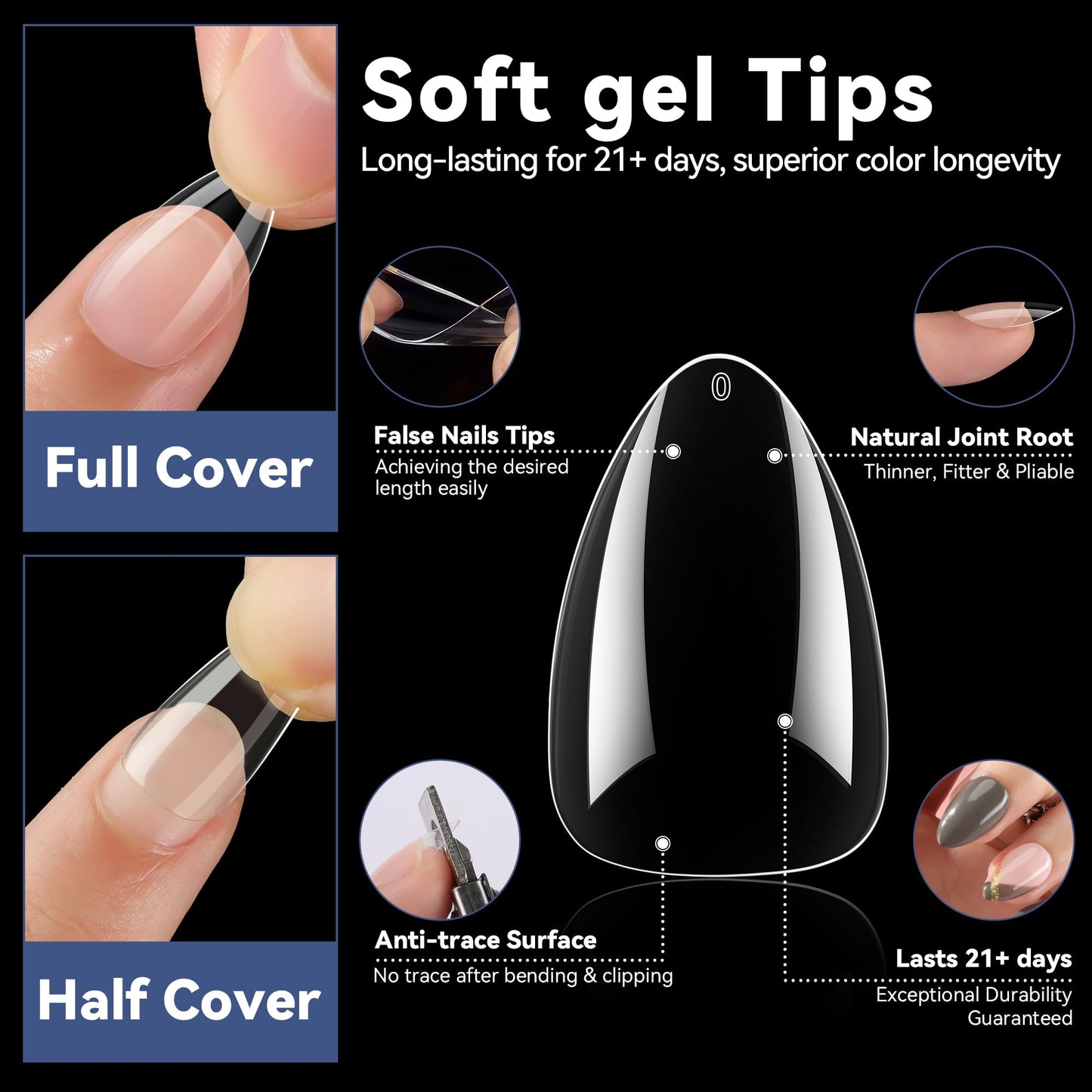 UNA GELLA Short Almond Nail Tips Pre-shape Short Almond Gel Nail Tips 216pcs Press on Nails 12 Sizes Soft Gel Acrylic Clear Fake Full Cover for Nails Extension Home DIY Salon