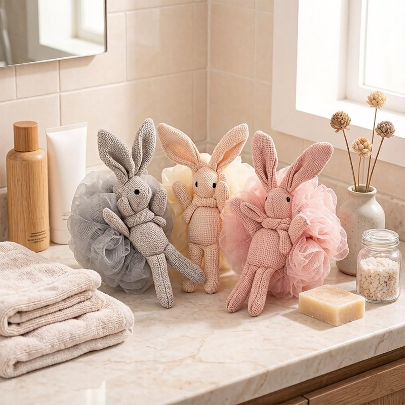 Kids Bath Sponge for Teen Girl and Women, Soft Net Loofah with Animal Bunny with Stuff Exfoliating Body Scrub Bath Luffa for Shower - Pink & Grey (2 of Pack)