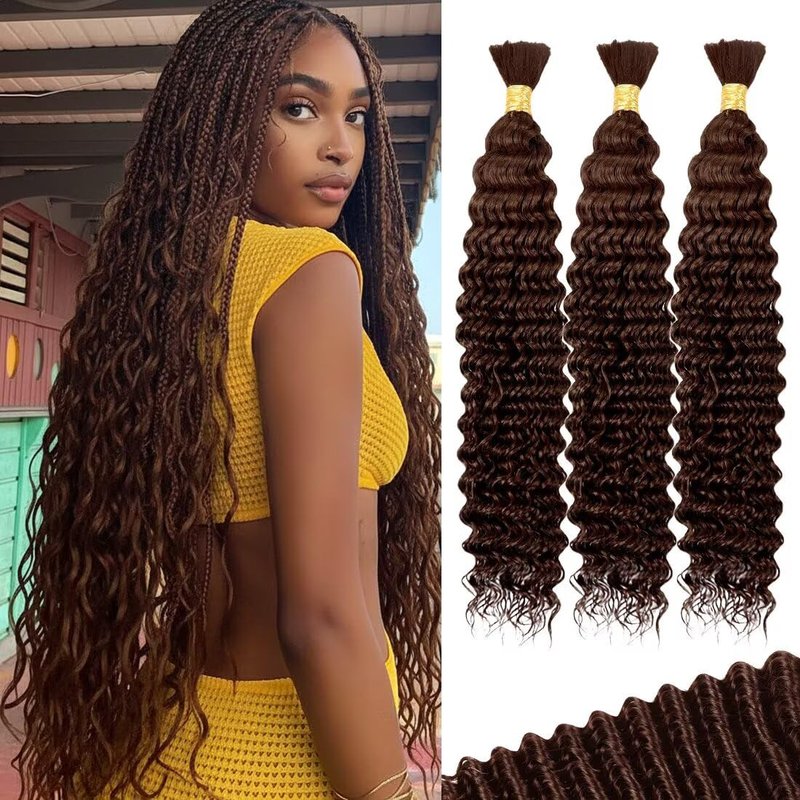 100g 3 bundles Chocolate Brown Human Braiding Hair - Deep Water Wave,20 Inch, Color4, Curly, Boho Braids, No Weft, 3 Braids Per Pack, Wet and Wavy