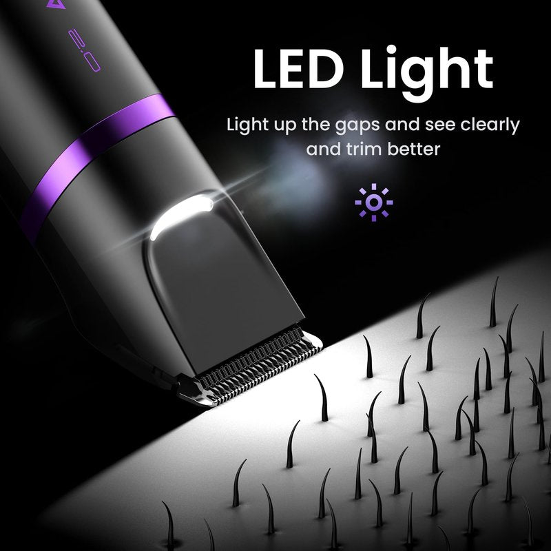 Groin & Body Hair Trimmer for Men - Electric Shaver for Pubic Hair, Chest, Legs - Ball Pubic Groomer, LED Light, Replaceable Ceramic Blade Heads, USB-C Recharge Dock, Waterproof Hygiene Razor, Purple