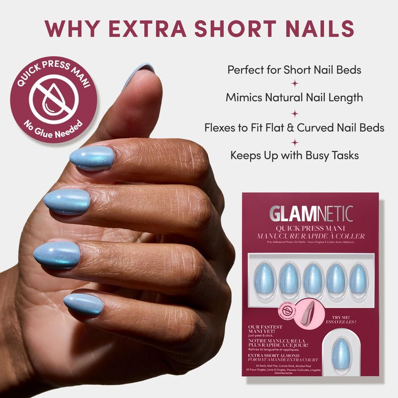 Glamnetic Quick Press Mani - No Glue Press On Nails, Just Peel and Stick, Almond Extra Short Nails, Mess Free, Salon Quality Stick On Nails, Ocean Prism | in 15 Sizes - 30 Nail Kit