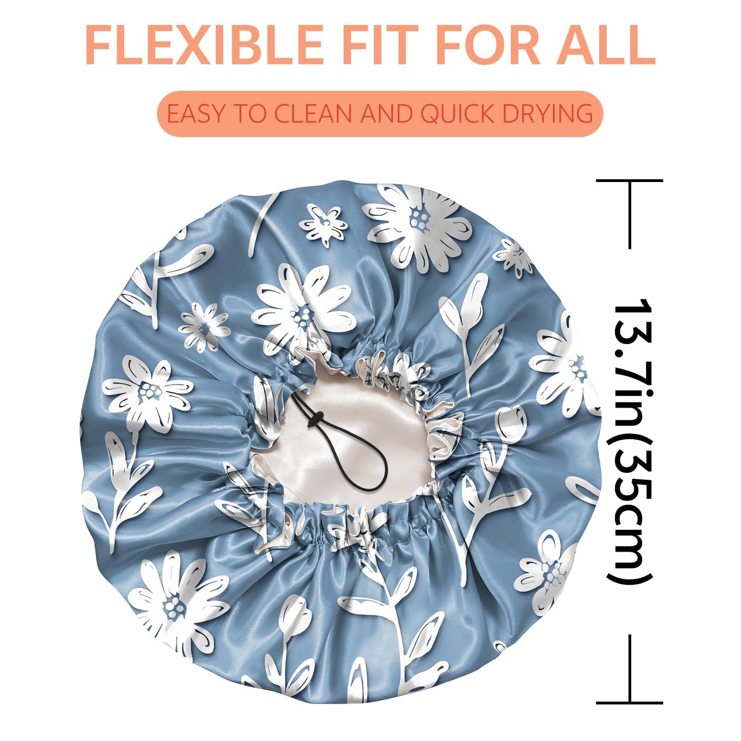 BHAHB Shower Cap Reusable Double Layer Adjustable Elastic Waterproof EVA Hair Bath Caps for Women Girls Cute Aesthetic-White Flower