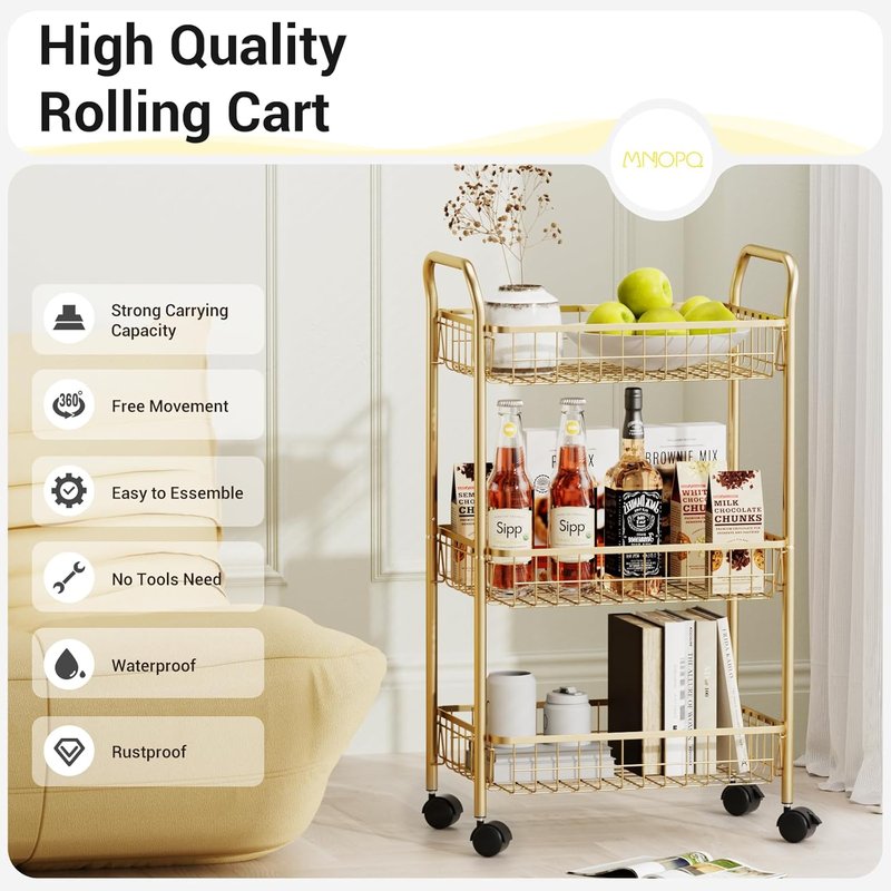 3 Tier Rolling Utility Cart - Versatile Storage Trolley with Wheels for Kitchen, Office & Salon | Gold Finish