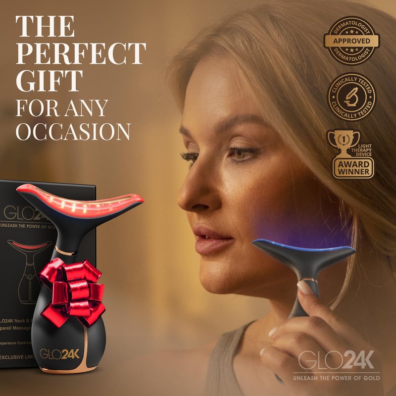 GLO24K Red Light Face & Neck Beauty Device – 3-in-1 Facial Massager Tool with LED & Vibration for Skin Revitalization and Neck Firming
