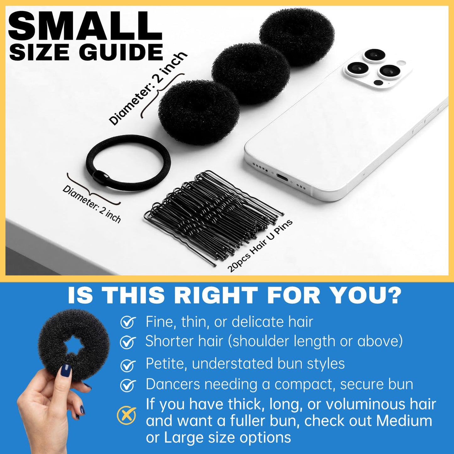 whisrvival 6pcs Small Hair Donut Bun Maker for Thin Fine Hair That Won't Slip, 30-Second Chignon Ring for Ballet Dancers Practice, Stays Hidden | Includes 5 Hair Ties and 20 U Pins (Black)