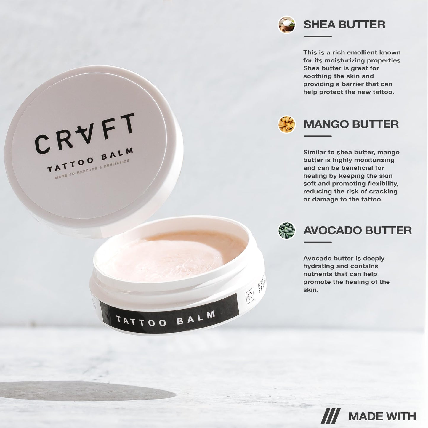 CRVFT Tattoo Balm Aftercare 1oz - Travel Size Tattoo Lotion, For Healing New & Brightening Older Tattoos - Safe Healing - Revive Tattoos (Scented)