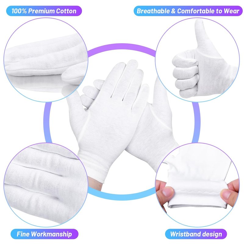 Moisturizing Gloves for Dry Hands - 100% Cotton Overnight Spa Treatment | 6 Pairs, White