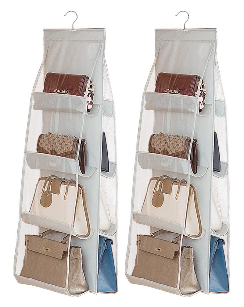 AARAINBOW 2 Packs Hanging Handbag Purse Organizer for Closet, 8 Pockets Space Saving Purse Storage Organizers, Wardrobe Bag Organizer Pocketbook Organizer, 45.7 L x 14.1W (2 Light Gray)
