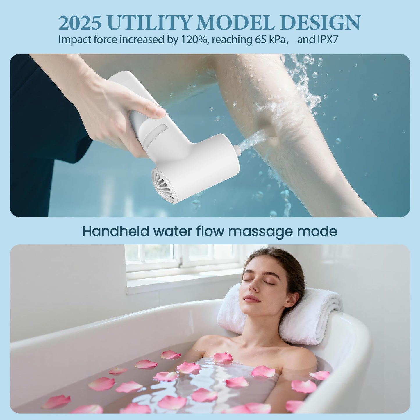 Bath Jet Spa, Rechargeable Bath Jet/Bubble Modes, Impact Force 65 kPA, Cordless Portable Mute Bathtub Accessories for Home Spa, Bathtub Jets for Tub Adjustable Speed Full-Body Relaxing (White)