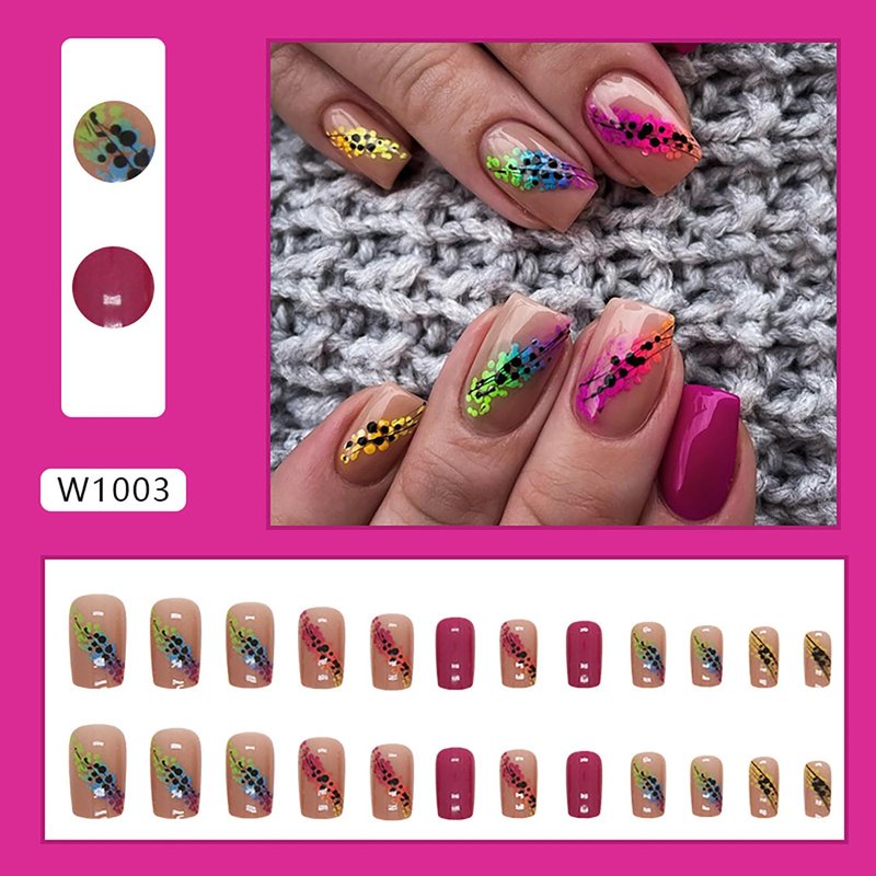 Press on Nails Medium Length Colorful Gradient False Nails Artificial Acrylic Nails Square Fake Nails Full Cover Glossy Reusable Coffin Nails Glue on Nails for Women 24Pcs