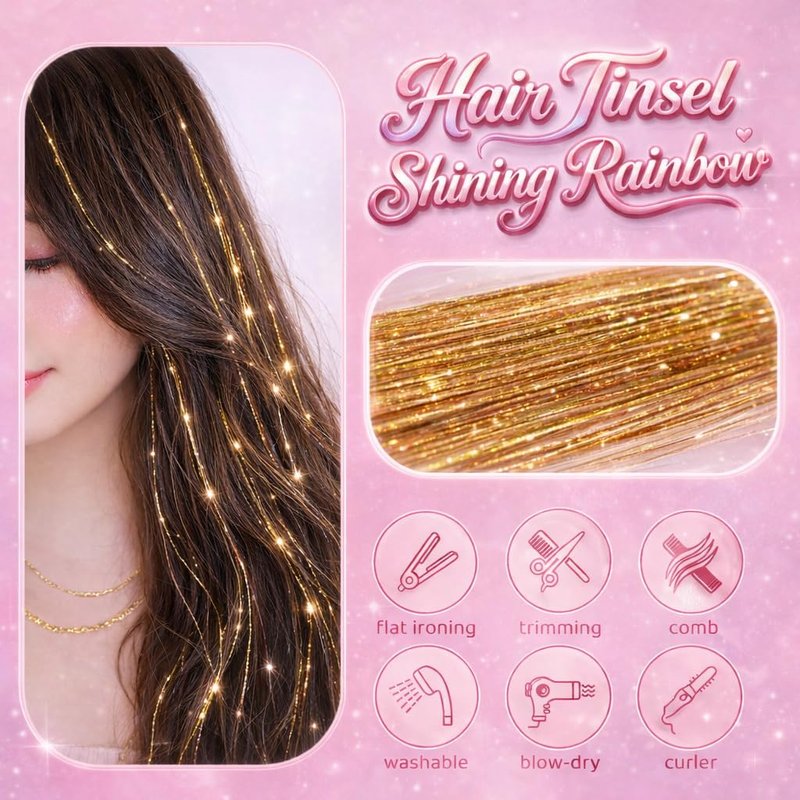 Gold Hair Tinsel, 8 Pcs Fairy Hair Tinsel Kit for Girls Women 48 Inch 3200 Strands with Tools Hair Accessories Glitter Tinsel Hair Extensions for Party Festival Christmas (Gold)