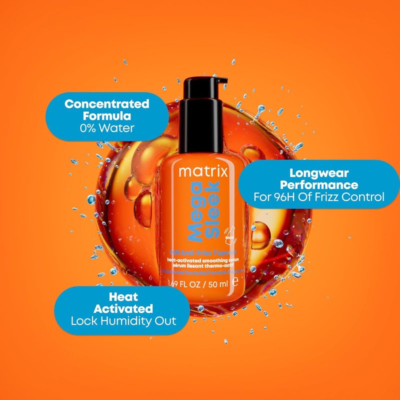 Matrix Mega Sleek 96H Anti-Frizz Topcoat Serum - Humidity Resistant Heat Protection for All Hair Types