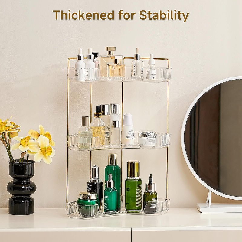Ceruaxb 3-Tier Corner Bathroom Counter Organizer, Plastic Countertop Makeup Organizer, Large Capacity Vanity Bathroom Perfume Shelf Rack for Kitchen Office Desktop (Amber)