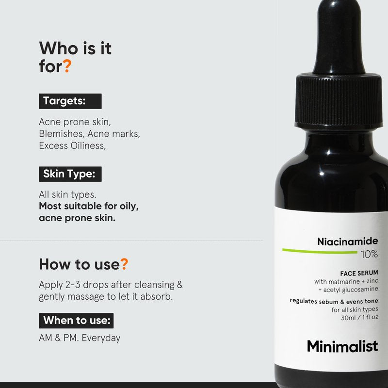 Niacinamide 10% Face Serum | Minimalist Serum Reduces Pores, Acne Marks & Oil | Reduces Blemishes for Even Skin Tone | For Women & Men | 1 Fl Oz / 30 ml